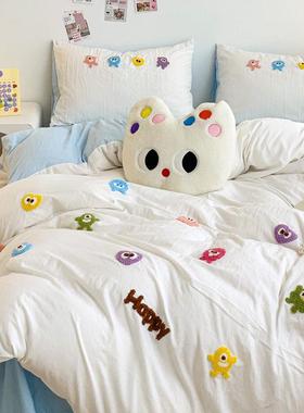 水洗棉四SSZ件套夏季床单双人套儿童学生宿毛三舍床被上柔软巾绣