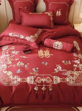 中式婚庆百棉子喜贺长绒棉棉四WJE件套纯全红色结婚床单