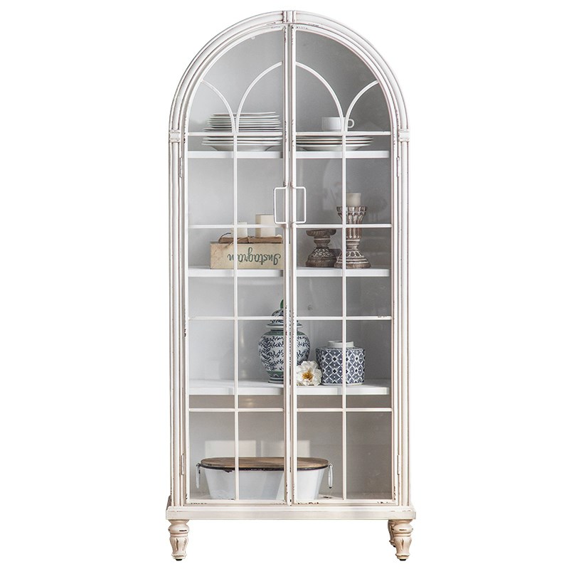 法式餐边柜白色复古玻璃柜子展示柜家用客厅靠墙落地实木拱形书柜