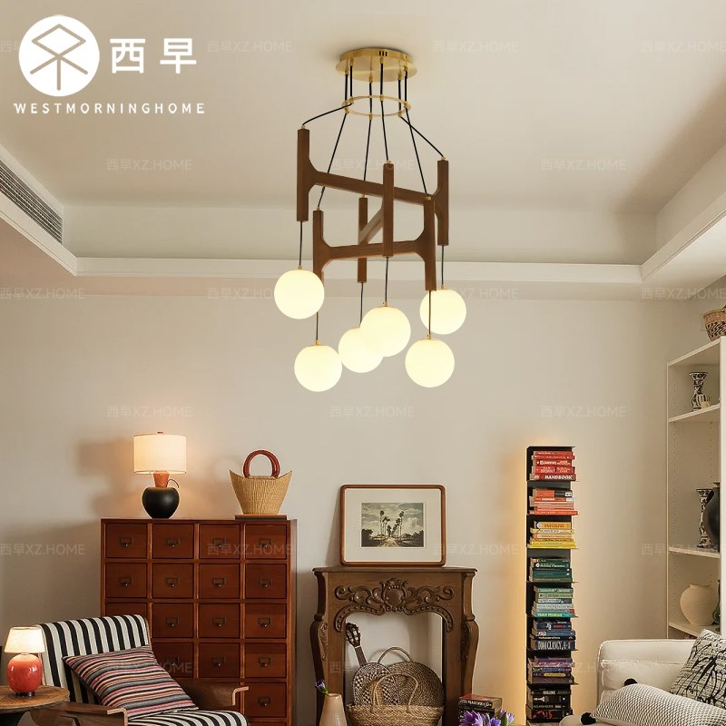 法式复古中古loft复式客厅吊灯侘寂风餐厅魔豆实木分子灯楼梯灯