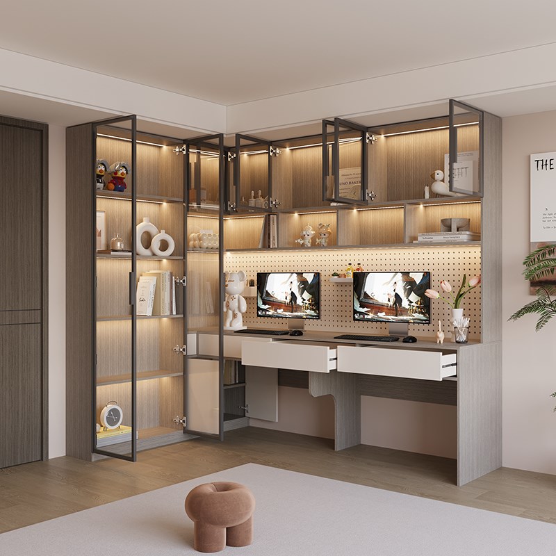 实木人转角书桌书架一体办公桌家用电脑桌学习桌卧室拐角