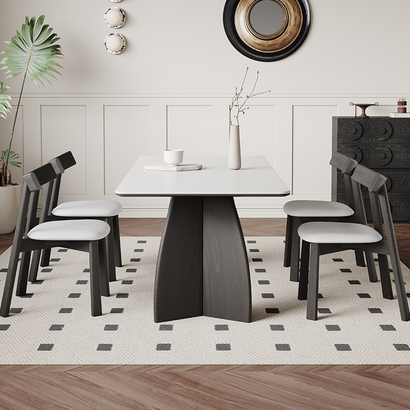 白色岩板餐桌法式复古现代简约家用大小户型长方形白蜡木实木餐桌