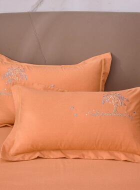 加厚全棉纯色刺绣磨毛厚枕套灰色蓝红宽边枕头套48x74一对装