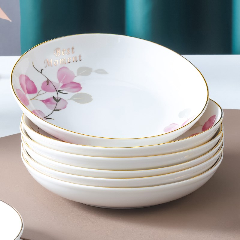 盘子菜盘家用2024新款金边深盘碟子餐盘圆盘陶瓷碗盘餐具套装红花