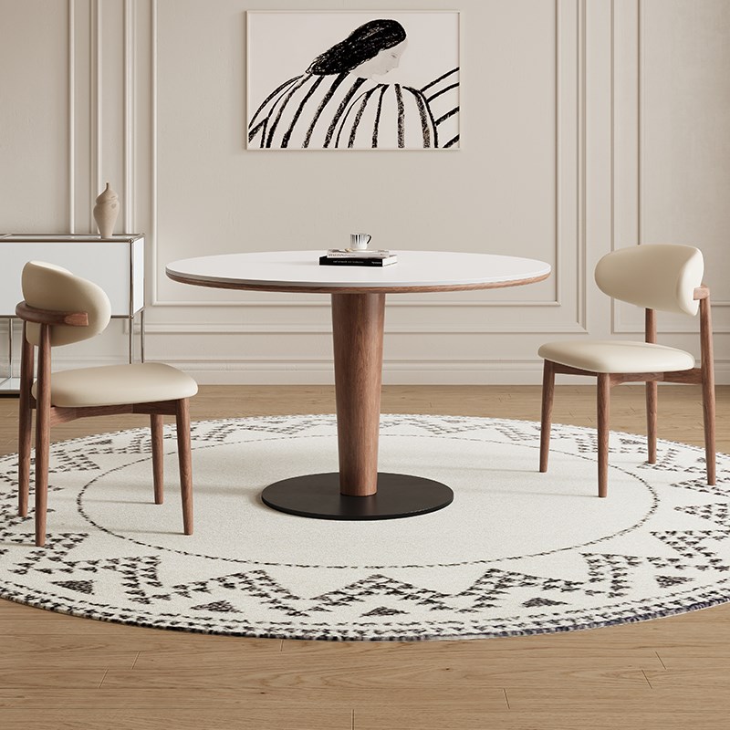 德利丰实木岩板餐桌小户型家用1米法式奶油中古风高端圆形圆桌子