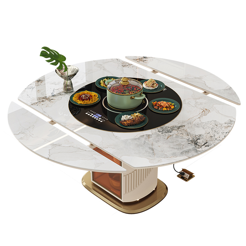 岩板餐桌方圆两用伸缩多功能暖菜电磁炉家用小户型折叠餐桌椅