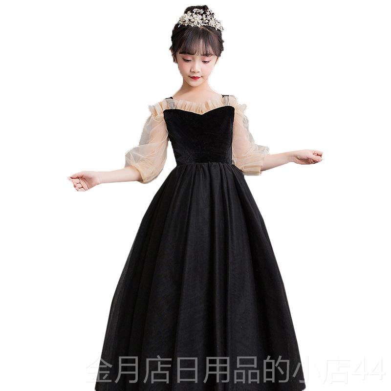 高档学生黑色小长袖女大童晚服琴提琴合唱演出礼服春夏钢乐团弹力