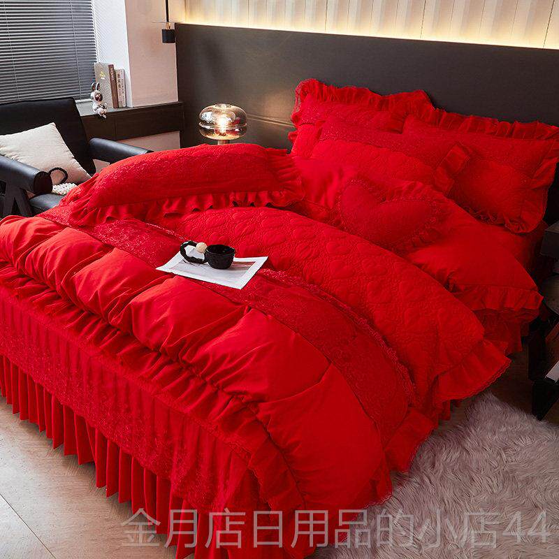 高档婚庆四组版韩公主风丝夹棉床件裙1.蕾8米粉色被罩玫红床罩4件