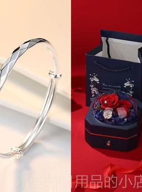 正品正品9礼999纯银手子女实心水立方拉银饰品七镯夕推情人节送女