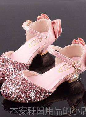 正品女服童高跟公主鞋模特走秀演出晶皮银色配儿童礼鞋裙闪亮舞台