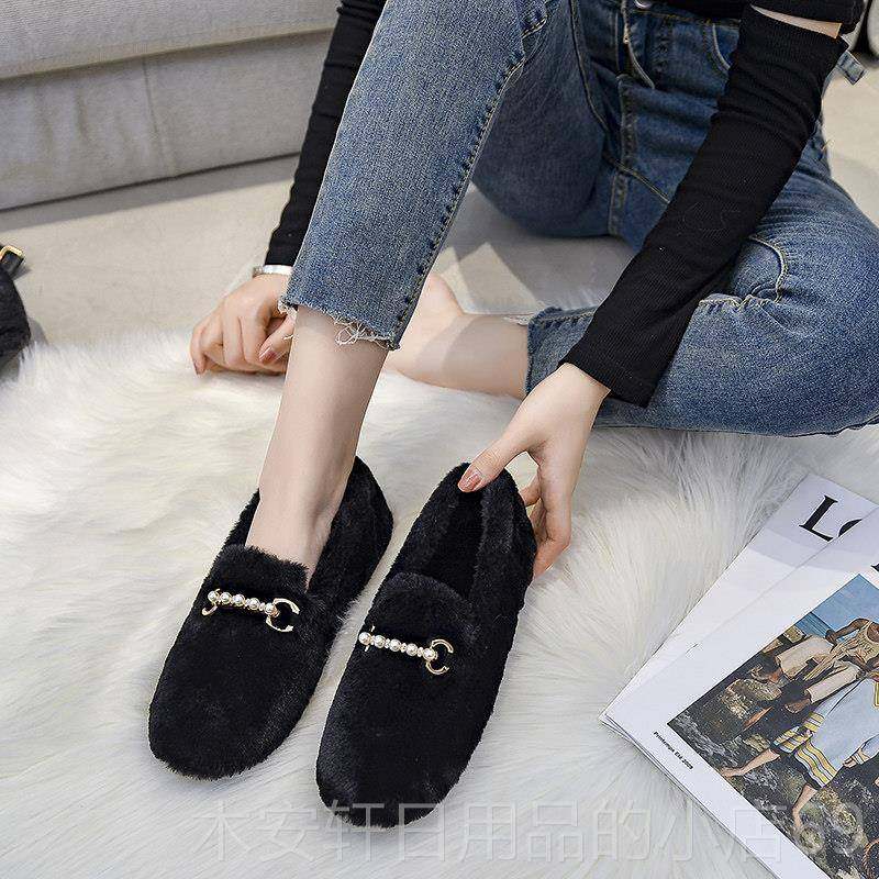 正品毛毛鞋女秋冬外厚穿加绒底2024新款百搭鞋兔毛棉网红年平底豆,女鞋,深口单鞋,淘宝优惠券,粉丝福利购,淘宝优惠卷
