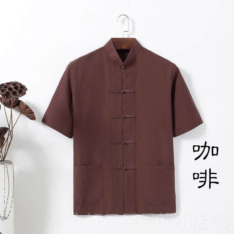 正品中中国风纯棉粗布中式唐装男青年短袖上衣极老年汉服季盘夏扣
