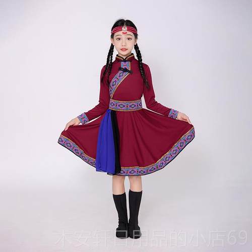 正品儿童蒙古舞蹈演出服少数族装女童服筷民子舞族蒙族舞蹈表演裙
