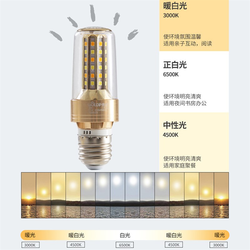 贵派led三色变光爱眼玉米灯泡e27e1小螺口蜡烛泡9W家用吊灯光源