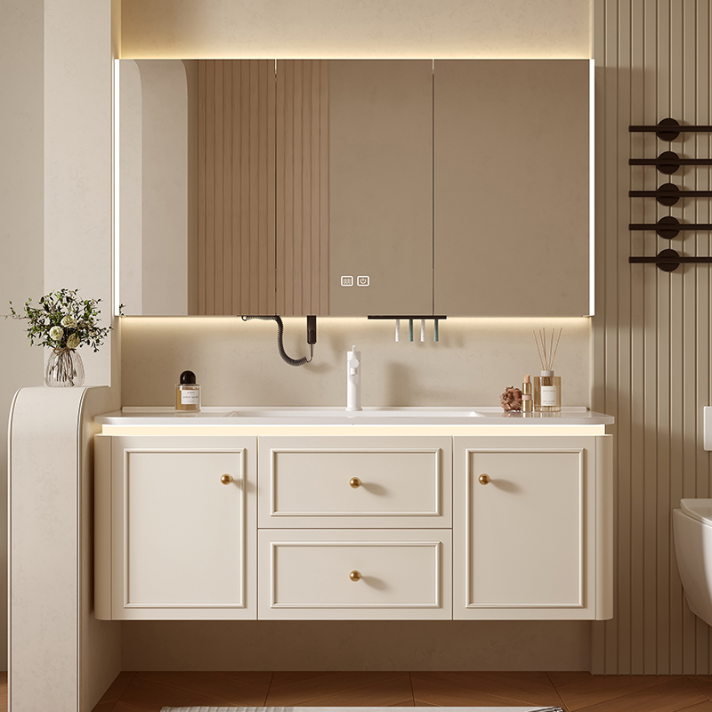 法式奶油风浴室柜组合杜丽家可丽耐一体盆橡木陶瓷一体盆洗脸盆柜