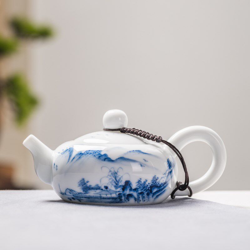 手绘山水扁西施壶陶瓷茶壶单个家用泡茶白玉瓷功夫茶具釉下彩