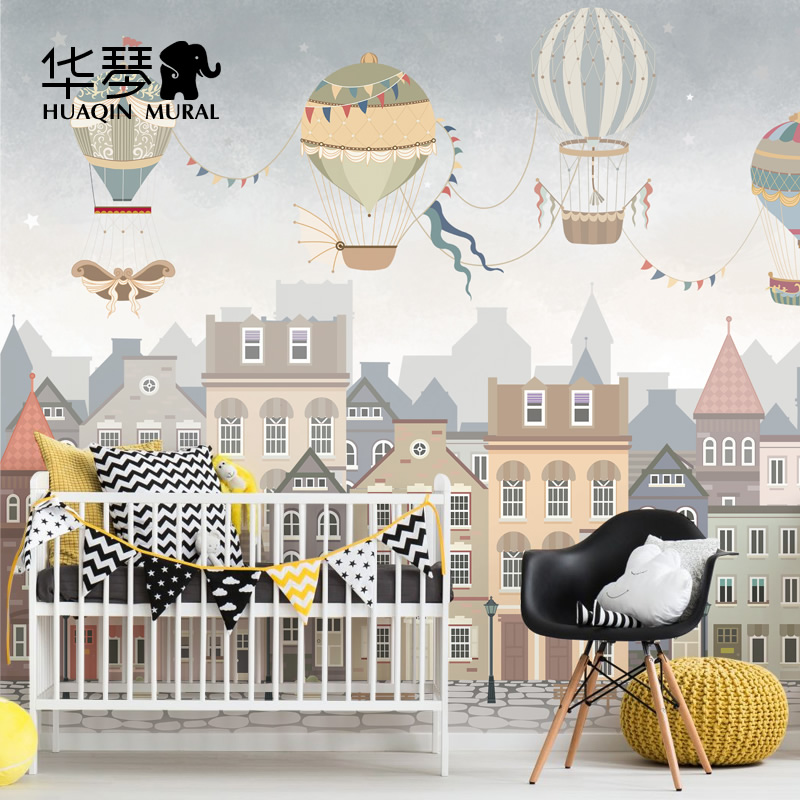 卡通城市男孩女孩儿童房墙纸壁纸无缝墙布壁布壁画全屋满铺定制