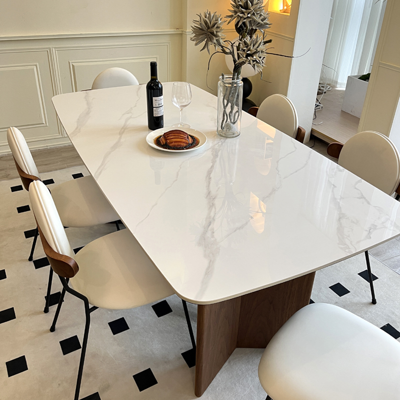 法式奶油复古黑胡桃色实木岩板餐桌椅侘寂风长方形小户型餐桌