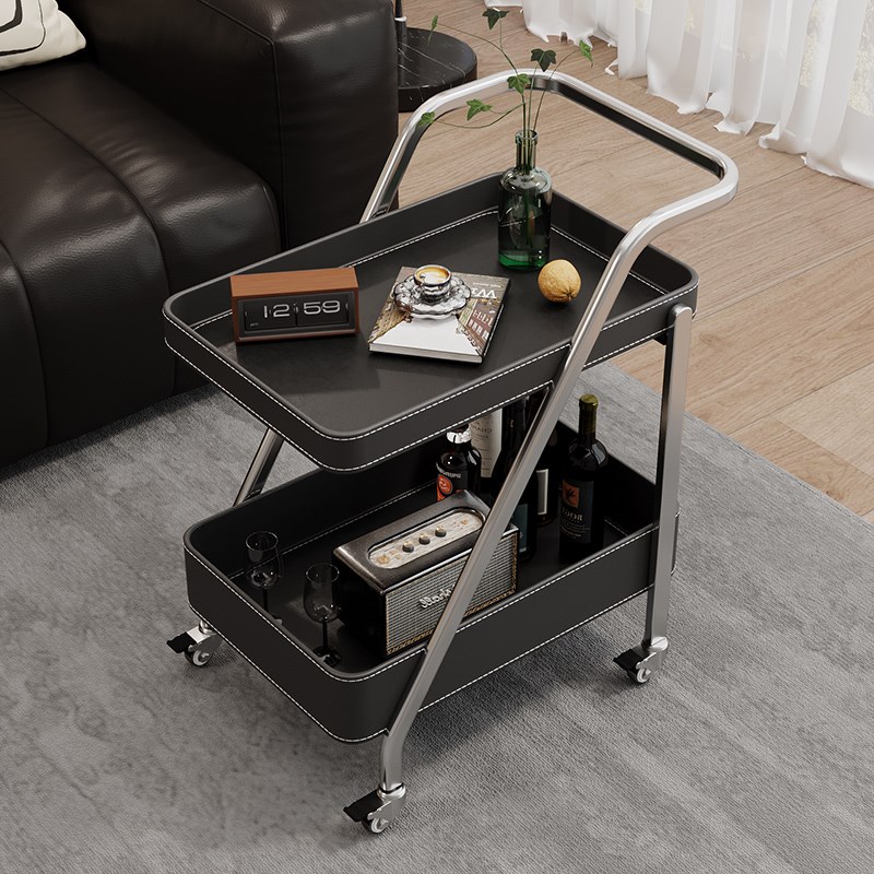 家用马鞍皮小推车沙发边零食置物车带轮可移动小茶几卧室床头柜