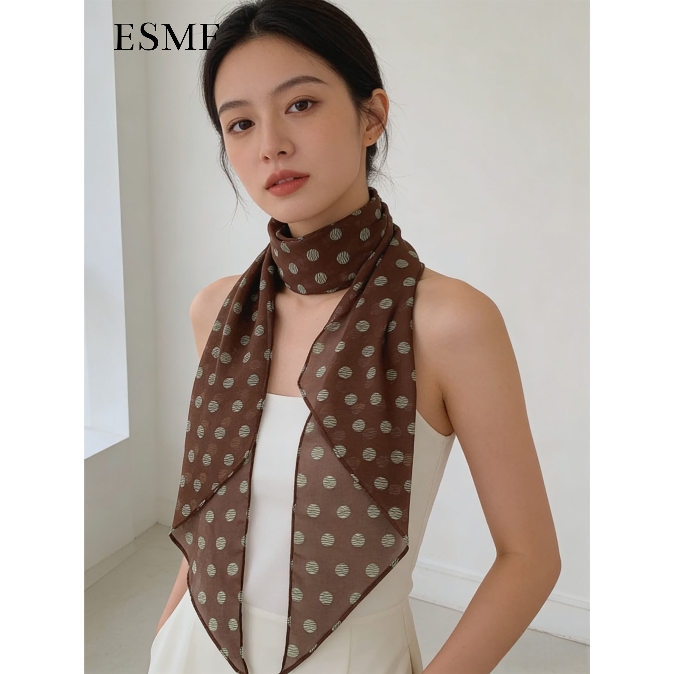 ESMF棕色波点丝巾高级百搭丝带脖饰女2026年新款发带绑发长条围巾