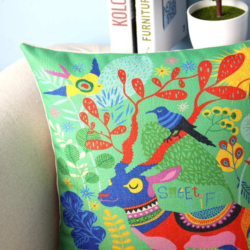 创意田园风靠背抱枕靠垫床头/棉麻沙发抱枕彩色小鹿靠枕办公室