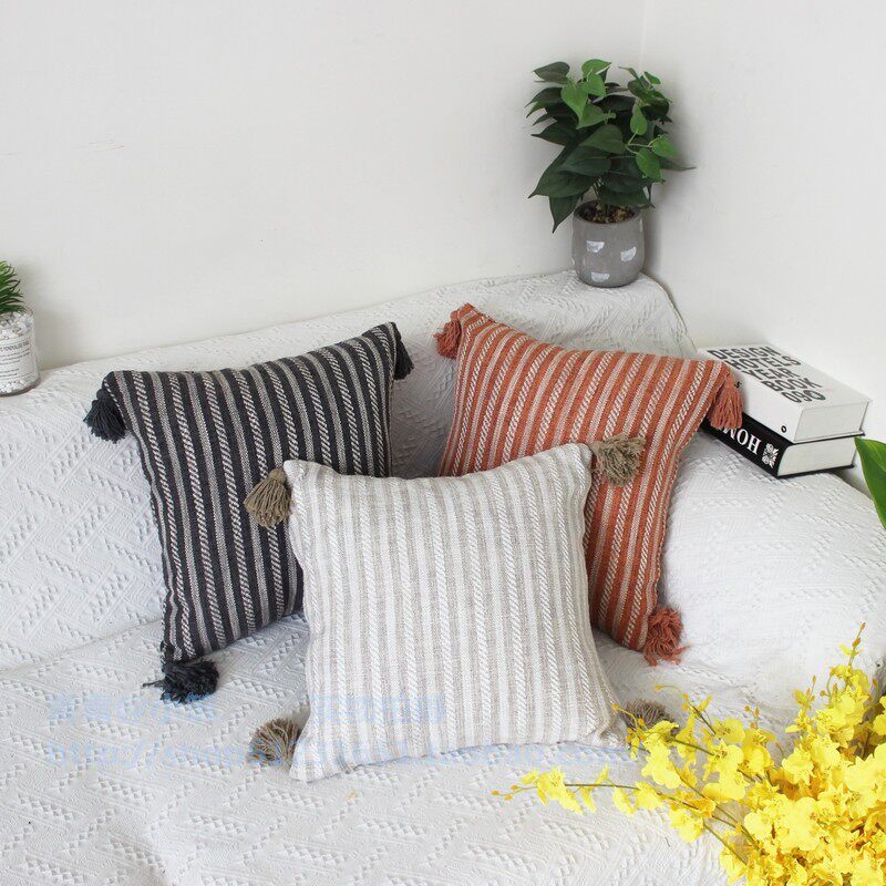 双面日韩棉麻流苏抱枕套条纹格子沙发客厅布艺飘窗靠垫靠枕腰枕45