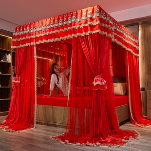 豪华双杆落地双层遮光布帘帐莎婚庆床幔蚊帐一体式 1.8米床2.0双人
