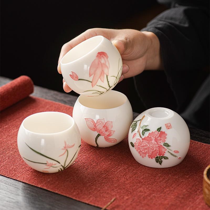 羊脂玉白瓷手绘陶瓷杯主人杯个人杯单杯家用茶盏茶碗品茗杯中式杯