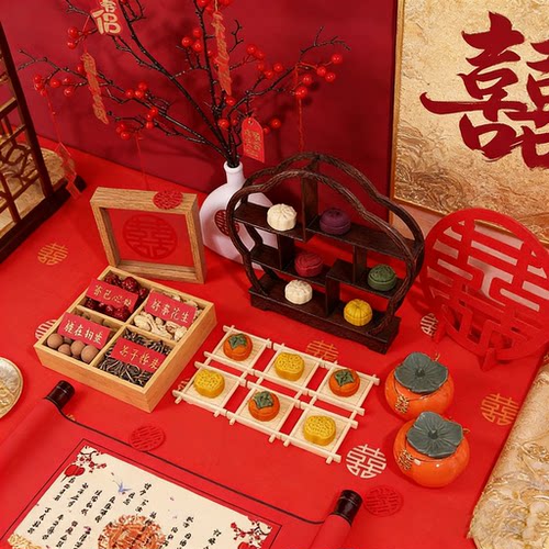 新中式结婚宴装饰摆件订婚摆台氛围感订婚摆件喜饼摆盘布置仪式感