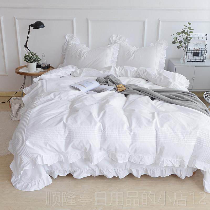 正品韩式简约纯棉四件全棉双边人包被套床单纯式色荷叶1.5m 1.8m