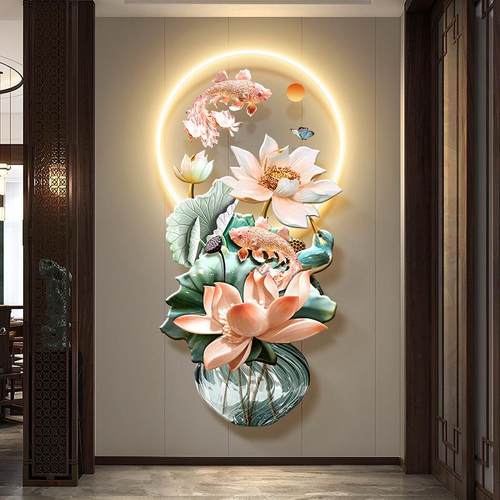 九鱼聚财图玄关装饰画新中式莲花走廊过道挂画锦鲤入户发光壁画灯