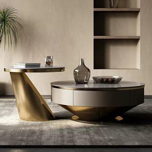 卡里冰玉茶几圆形大理石轻奢现代别墅样板房客厅茶桌客厅茶几