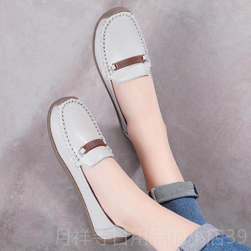 高档真皮底软豆面豆鞋女式软皮鞋低防滑蜗牛鞋休闲跟大码中年妈妈