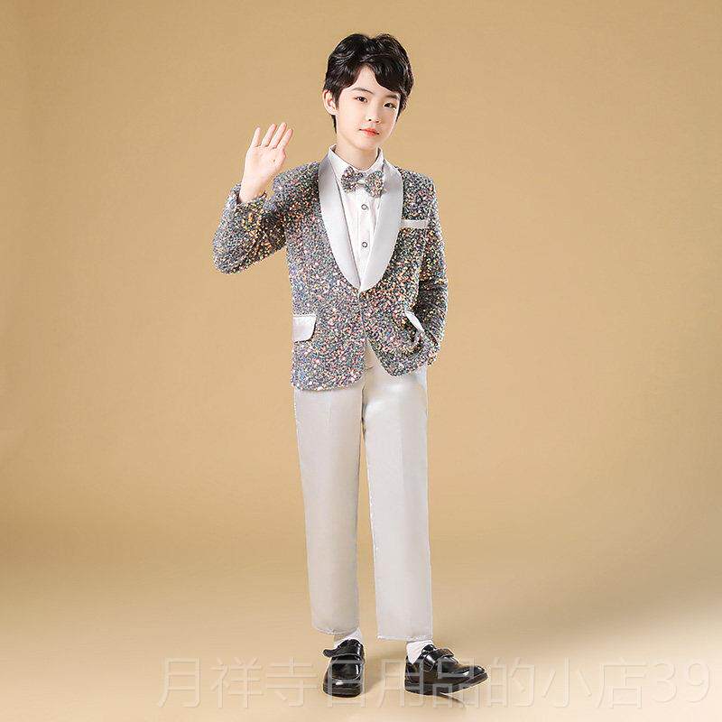 高档小孩演幻想灰色西亮片钢琴表服装男孩舞台表演服装小装裤男子