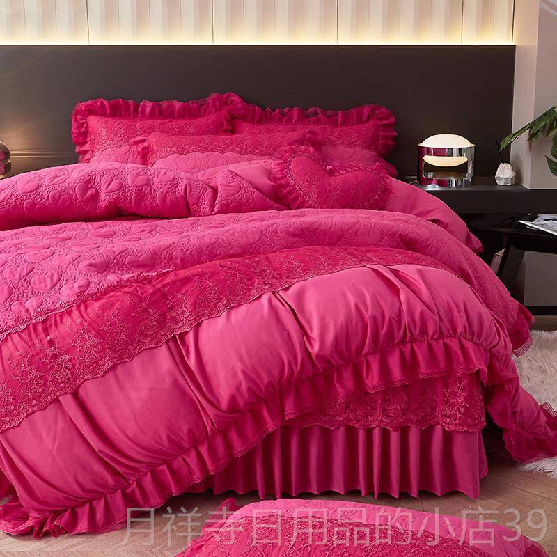 高档婚蕾庆大色床裙四件套结床婚被子夹红棉罩款床上丝花边床单被