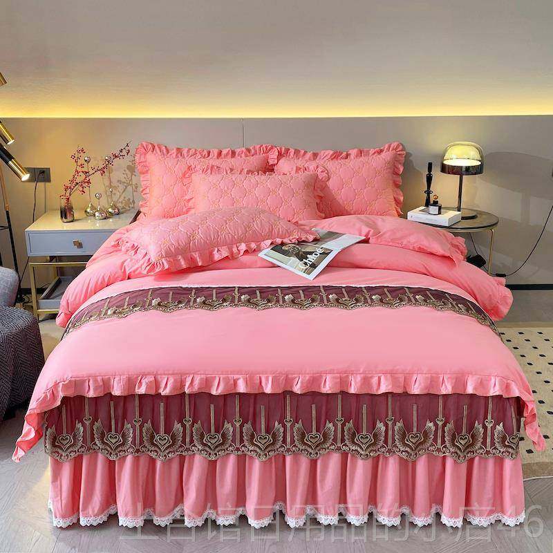 高档纯棉加厚棉被套件套床裙款夹18.公主风蕾丝双人2.0床罩床单四