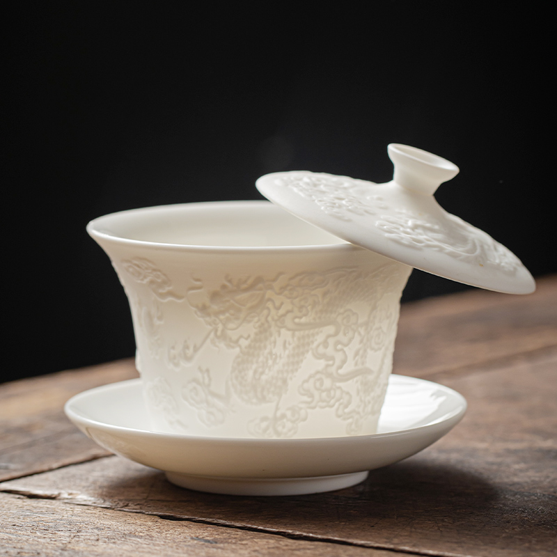 浮雕羊脂玉三才盖碗茶杯悬停单个高档白陶瓷套装盖子泡茶功夫茶具