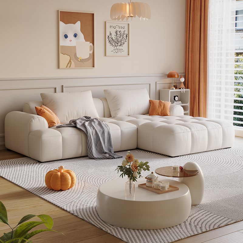法式奶油风泡芙云朵猫抓皮沙发现代简约小户型客厅转角贵妃沙发