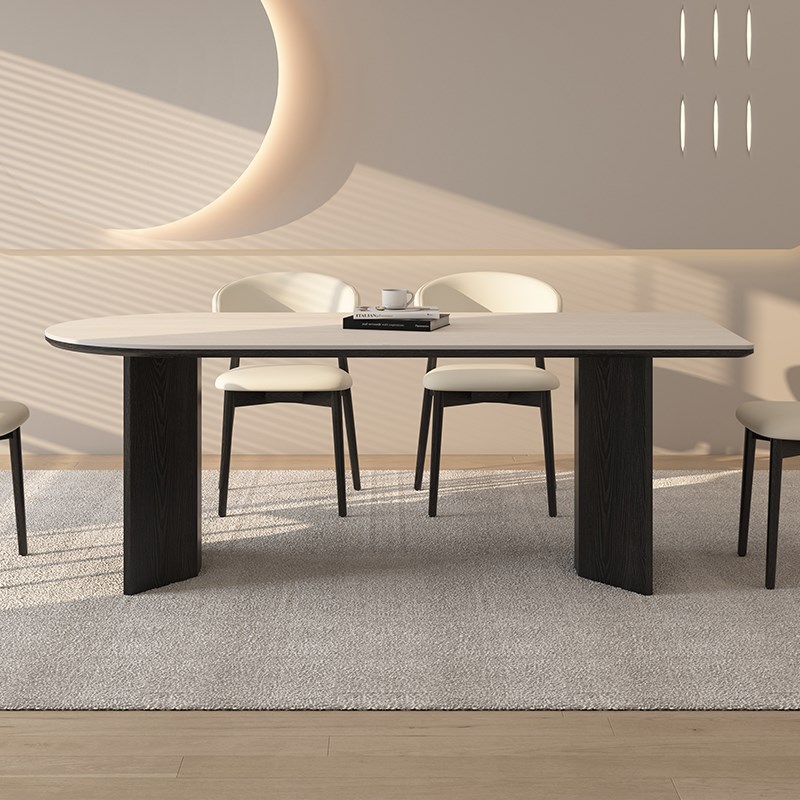 德利丰实木岩板餐桌家用奶油中古风高端白蜡木岛台小户型全托饭桌