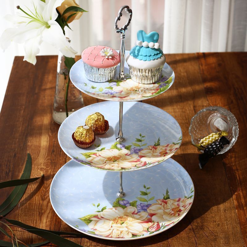 欧式陶瓷双层水果盘子蓝客厅创意蛋糕架玻璃干果盘下午茶点心托盘