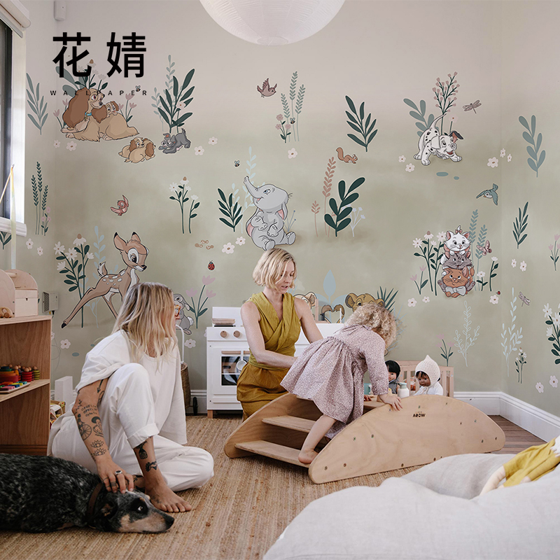 儿童房卡通动物墙布小象梅花鹿男孩卧室床头背景墙纸壁纸定制壁画