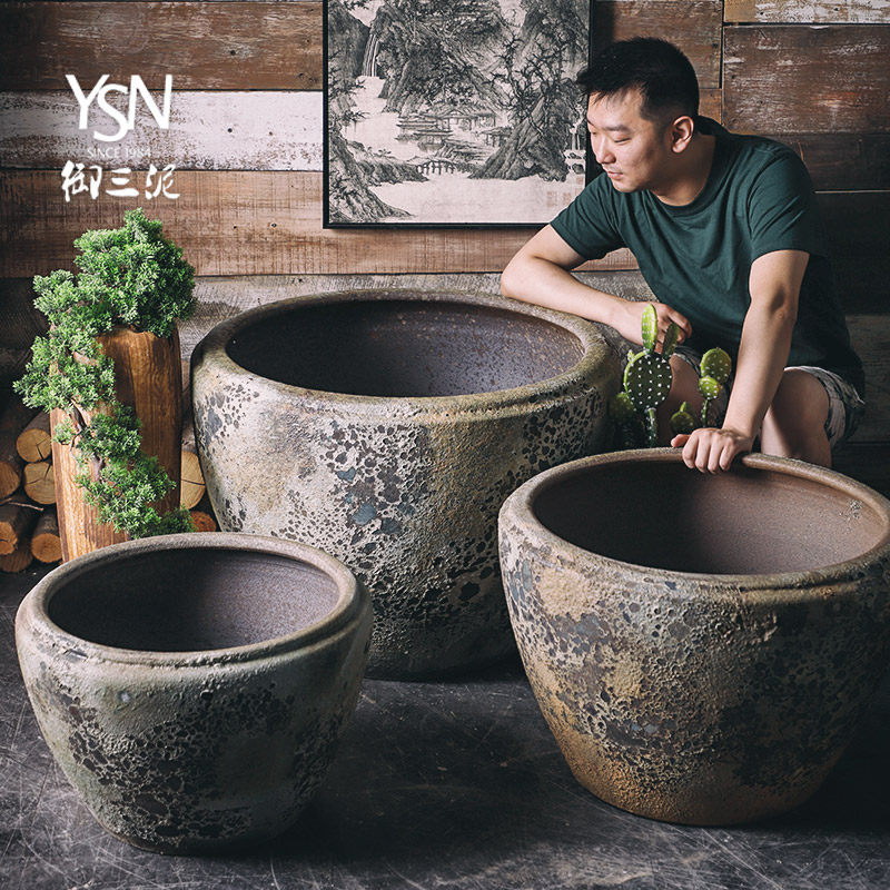 御三泥陶瓷大缸粗陶复古手工金鱼缸荷花缸水缸鱼缸庭院子阳台摆件