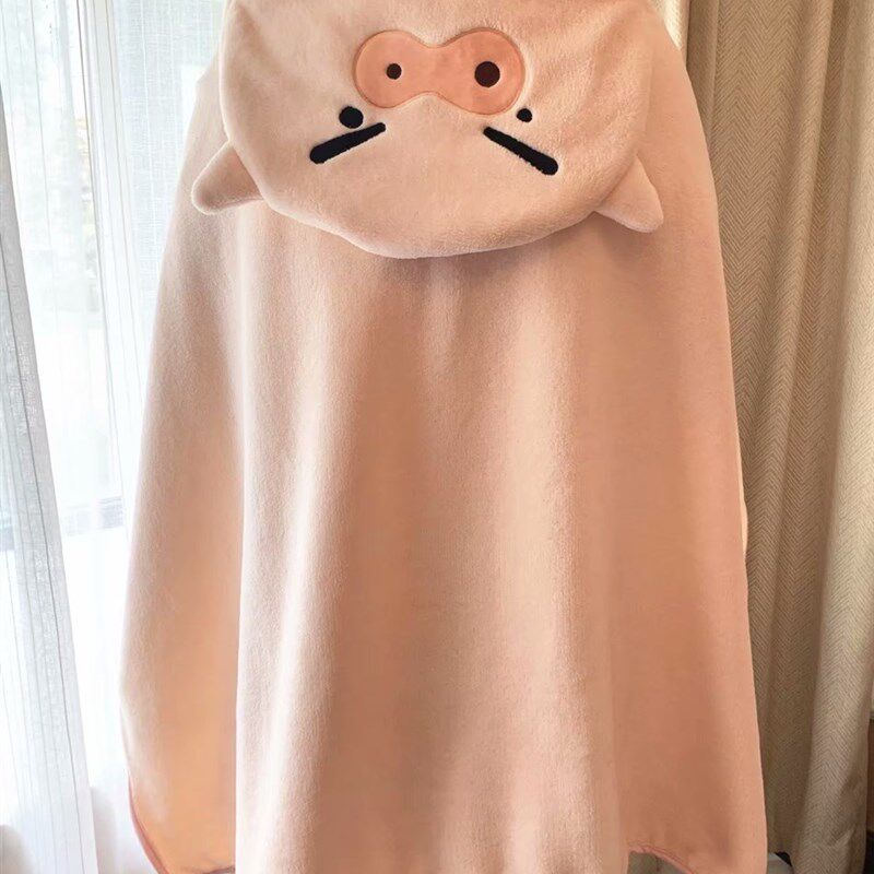 可爱宅空调房 猪猪珊瑚绒连帽小披肩 披风盖毯膝毯子办公