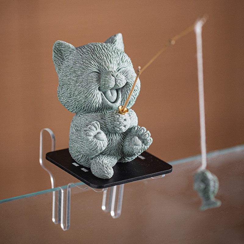 创意小猫钓鱼茶宠摆件钓鱼台底座可爱萌猫垂钓鱼缸造景桌面装饰品