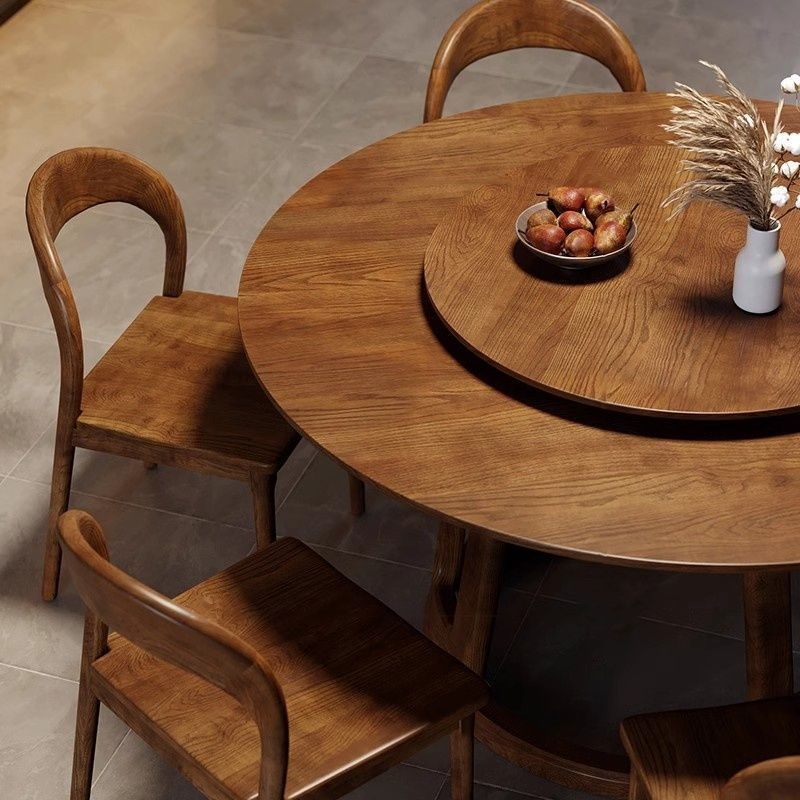 全实木圆餐桌转盘原木饭桌家用小户型白蜡木大餐桌饭店吃饭桌子