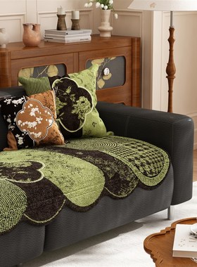 法式中古风异形沙发坐垫2025新款绿色秋冬季加厚毛绒沙发盖布保暖