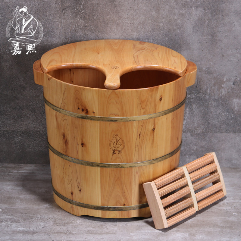 嘉熙木桶 深型泡脚木桶加高香柏木洗脚盆浴足桶 带盖洗脚桶直径小