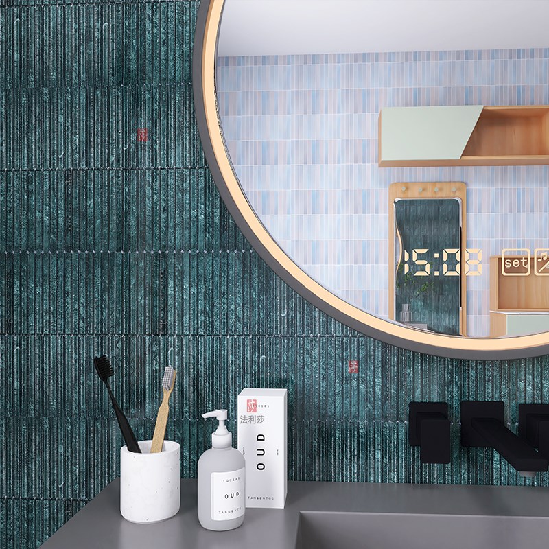 长条型马赛克天然石材棍子凸面背景墙柱子浴室商业空间吧台装修