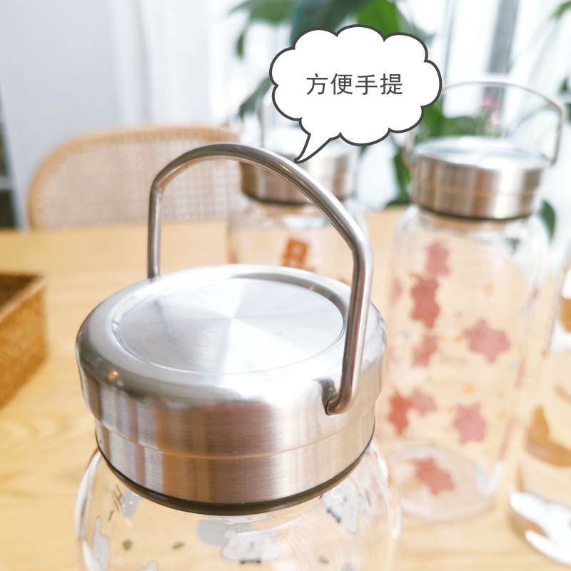 卖萌熊玻璃杯少女心1000ml超大容量杯可爱不锈钢盖带茶隔防漏水杯