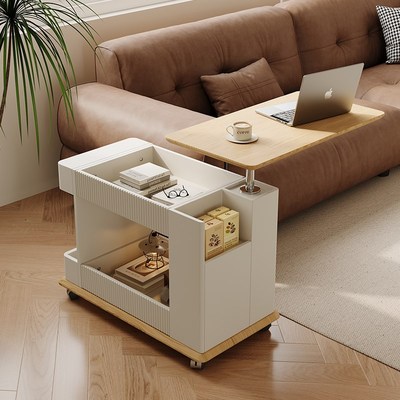 IFJE 原木奶油风带轮小推车沙发边柜小户型家可移动升降折叠边几